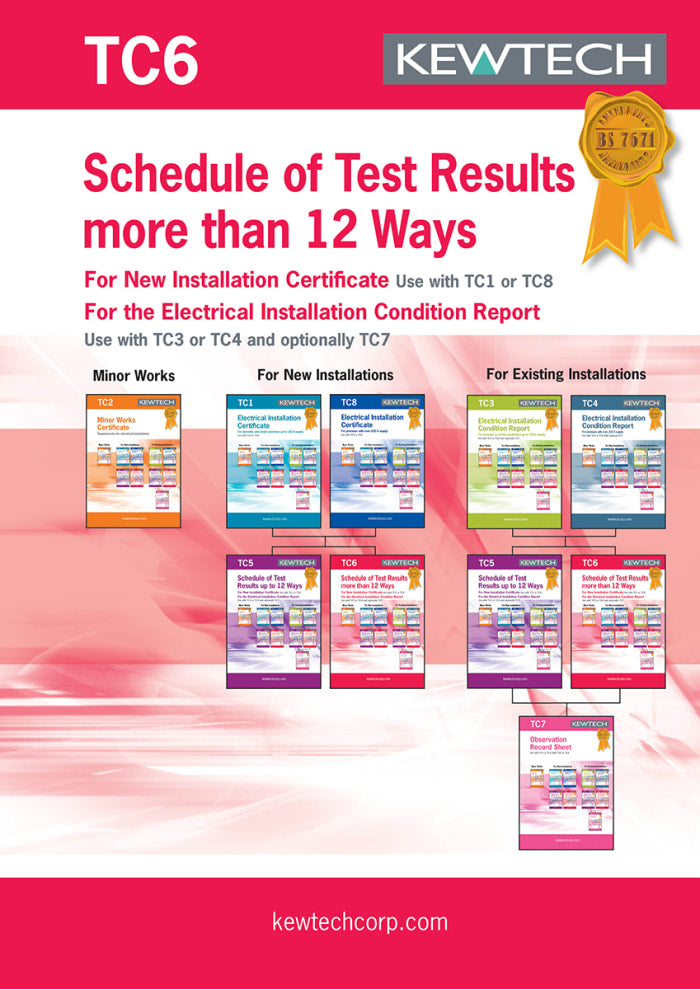 Kewtech Corporation TC6 Electrical Installation Certificate, Certificate Type Inspection & Test Schedule, For Use With